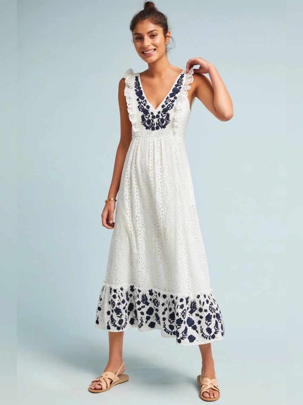 Allison New York Anthropologie white Eyelet Navy Embroidered Midi Dress XSmall - Picture 1 of 14